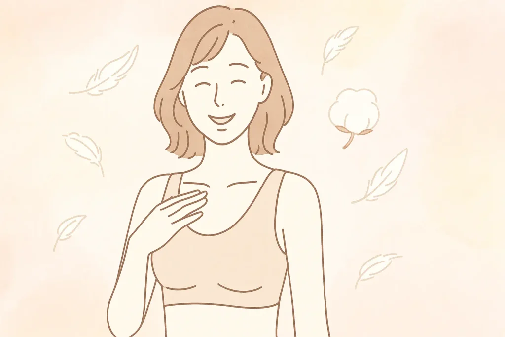 肌当たりがやさしいナイトブラを着けて微笑む女性のイラスト
