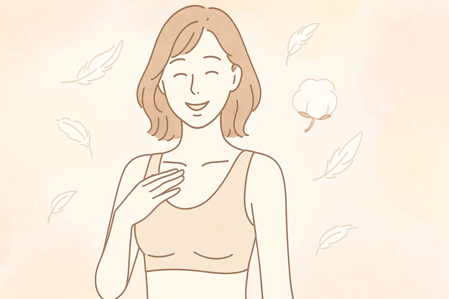 肌当たりがやさしいナイトブラを着けて微笑む女性のイラスト