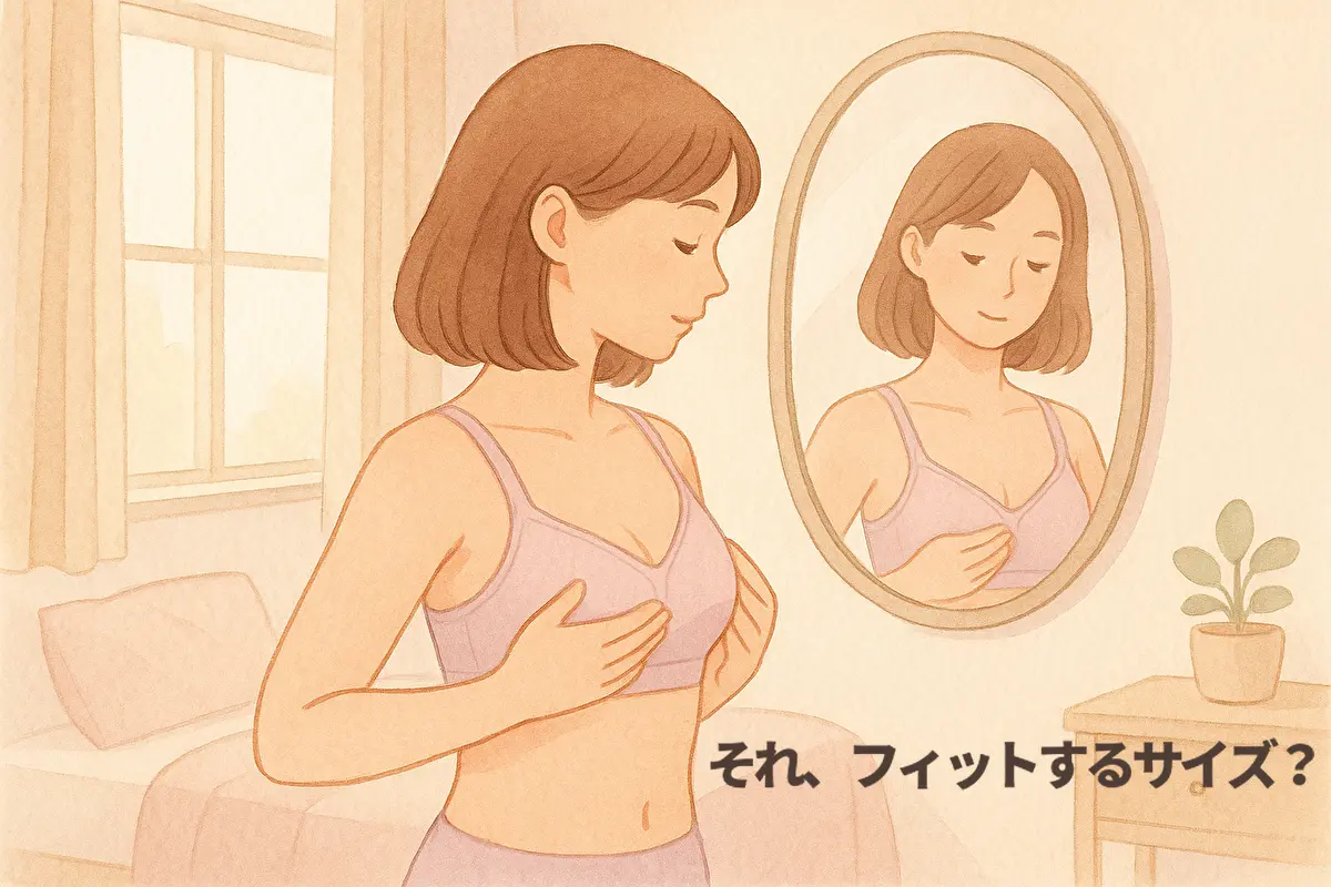 『それ、フィットするサイズ？』というコピーとともに、ナイトブラのサイズに悩む女性が鏡の前でバストラインを確認している様子