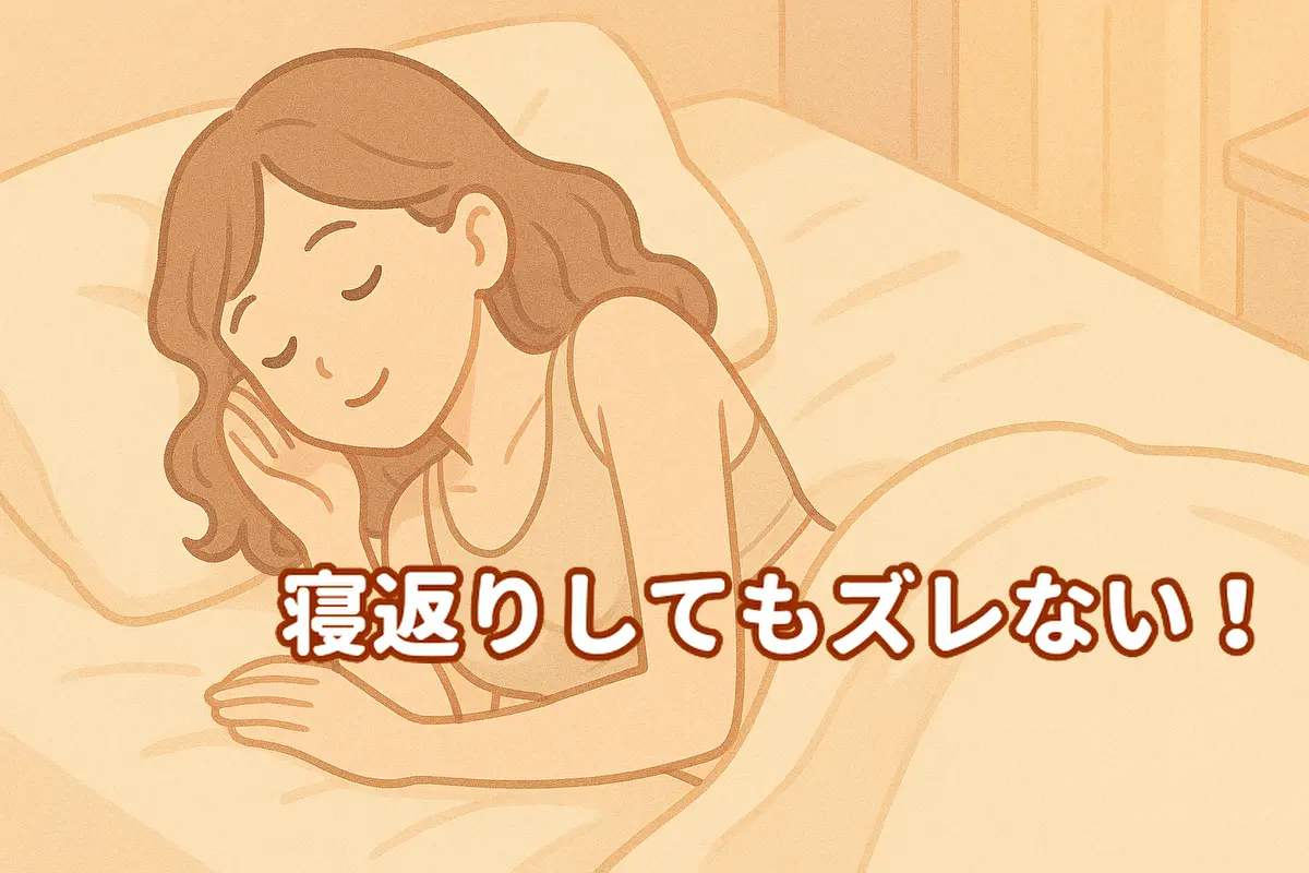 伸縮性のあるナイトブラを着けてリラックスして寝る女性のイラスト。快適でズレにくい着け心地を表現したイメージ。